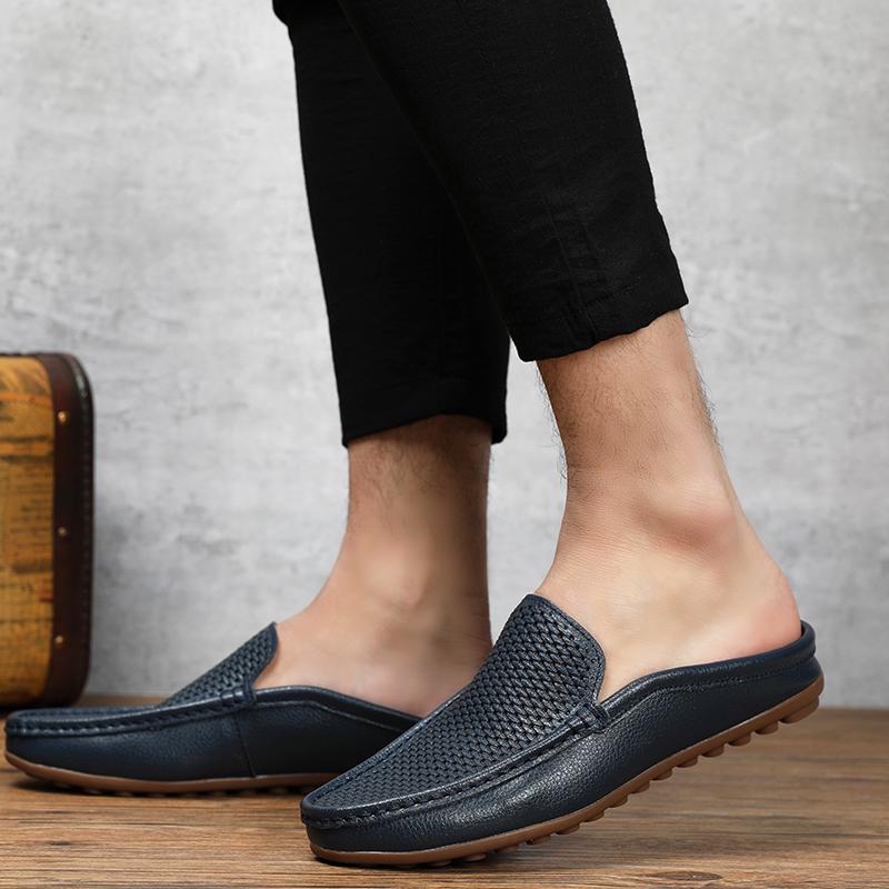 Fashion2024 Fashion Half Drag Loafers Men Casual Leather Driving Shoes Classic Mesh Summer Slippers Breathable Light Leisure Walk Flats