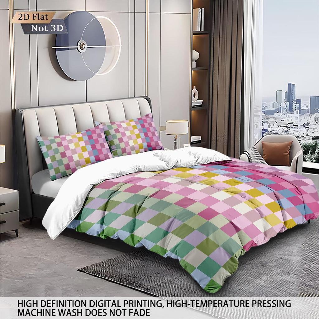 Geometric Colorful Checkerboard 3D Printed Brushed Duvet Cover Set
