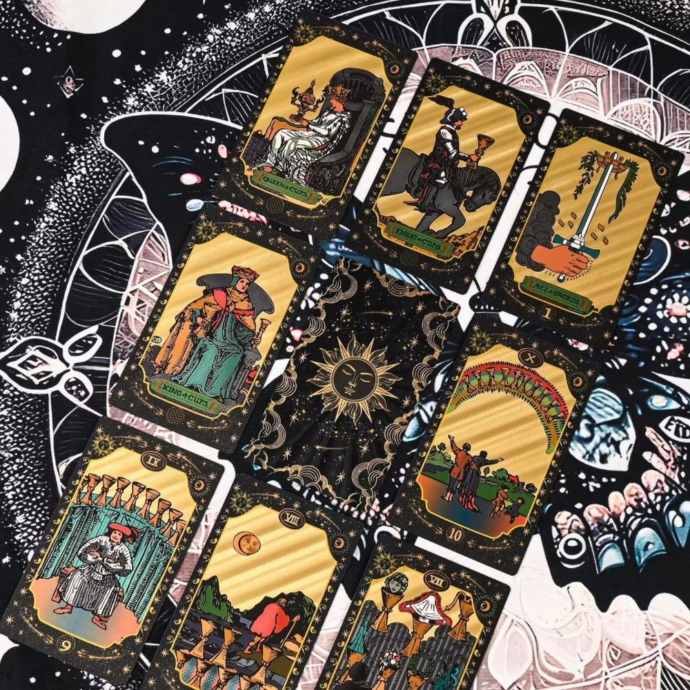 Black Gold Gilded Mystic Tarot Deck, Divination Tool with Luxury Finish 12*7cm 78 Pcs Waterproof Cards Based on Rider System