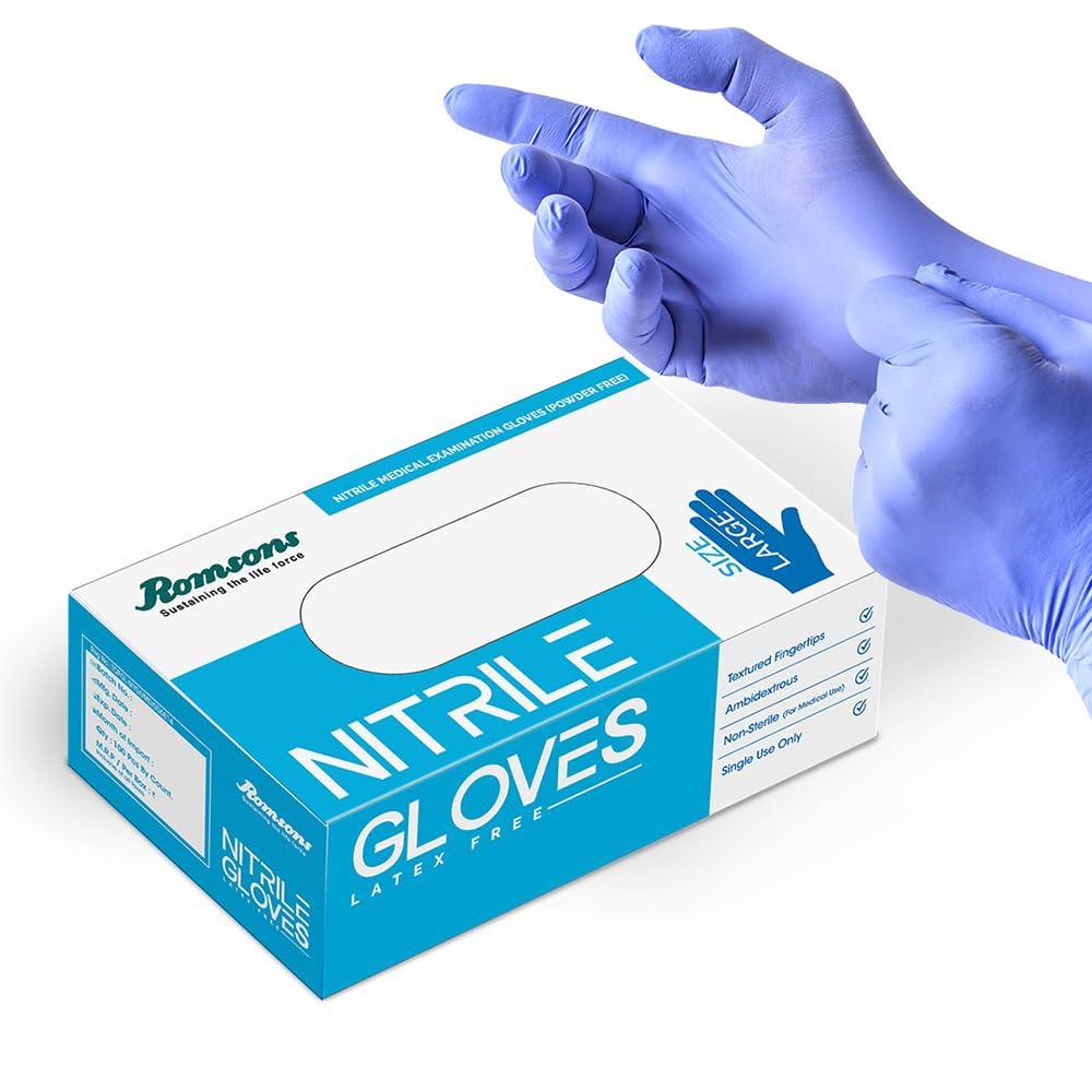 

Romsons Blue Nitrile Medical Examination Powdered Hand Gloves, Large (100 Pcs/Box)