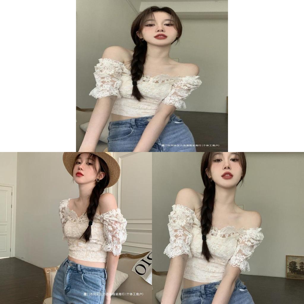 French Style Off Shoulder Lace Short Sleeve Shirt For Women With 3d Embroidery And Slim Fit