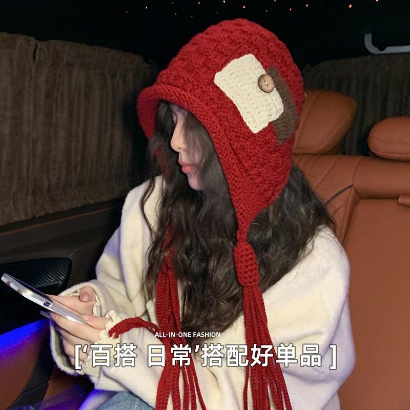 New knitted hat women's autumn and winter fringed Internet celebrity hat cute handmade braided wool hat thermal ear hat