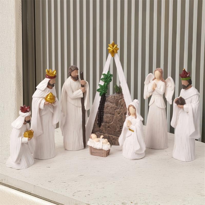 Christmas Nativity Figurines Resins Nativity Scene Statue with Stable Holy Family Statue Table Centerpieces Home Decors