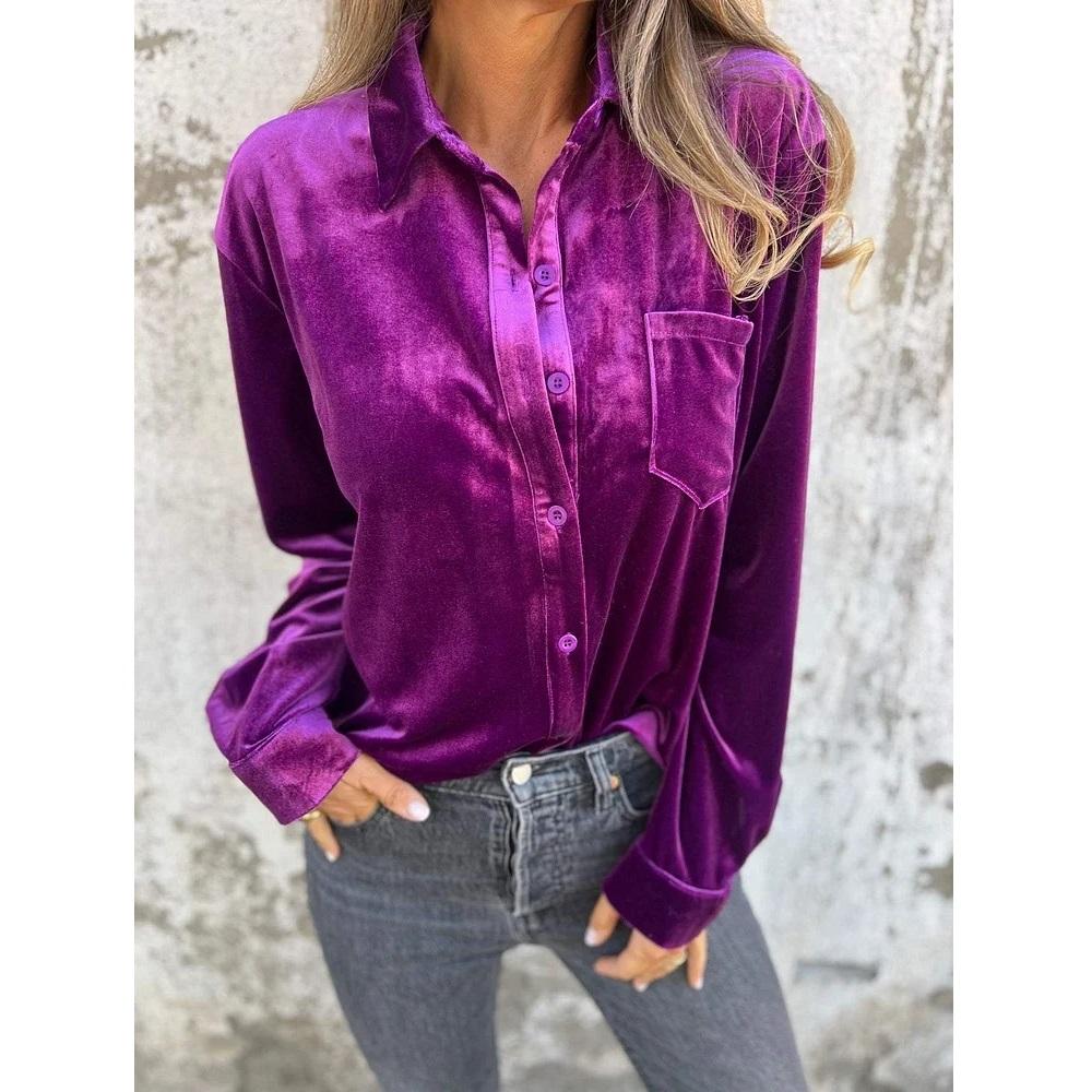 Autumn Spring Velvet Shirts & Blouses Women Solid Long Sleeve Single Breasted Tops With Pocket Ladies Vintage Shirts