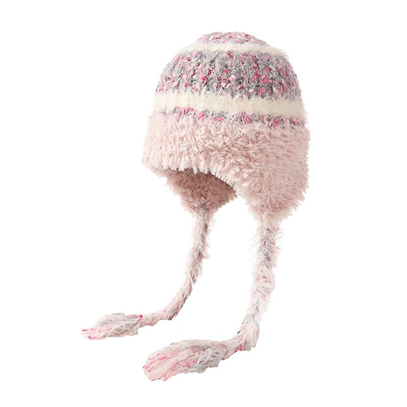 Wool hat female face small Maillard winter fringed braids thickened thermal ear protection hat cold knitted hat cold hat