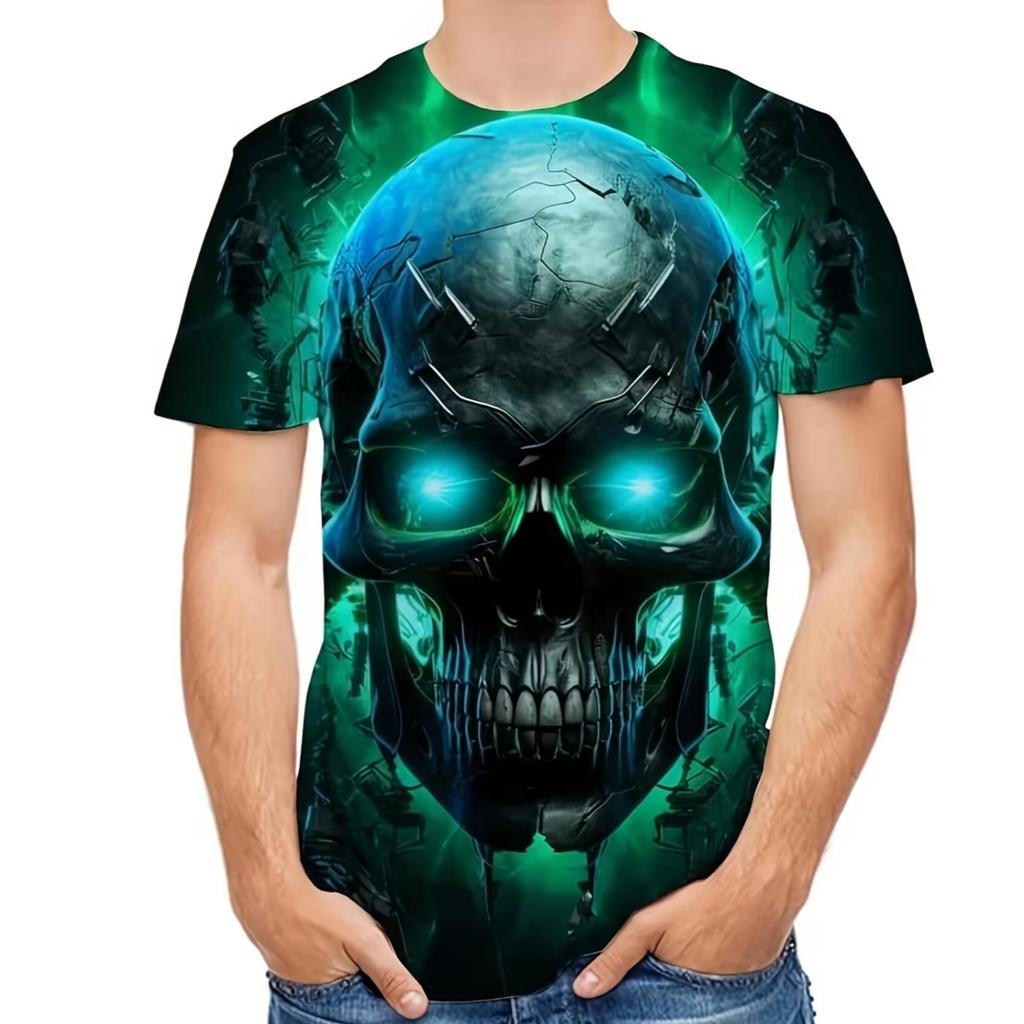 Men's T-shirt Skull Head 3D Digital Print Men's Novelty Short Sleeve Crew Neck Tees Summer Halloween Party Outdoor Fitness Tops