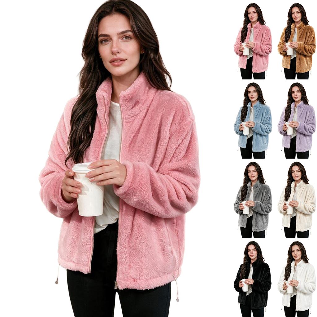 Women's Color Stand Collar Double-Sided Plush Jacket with Hem
