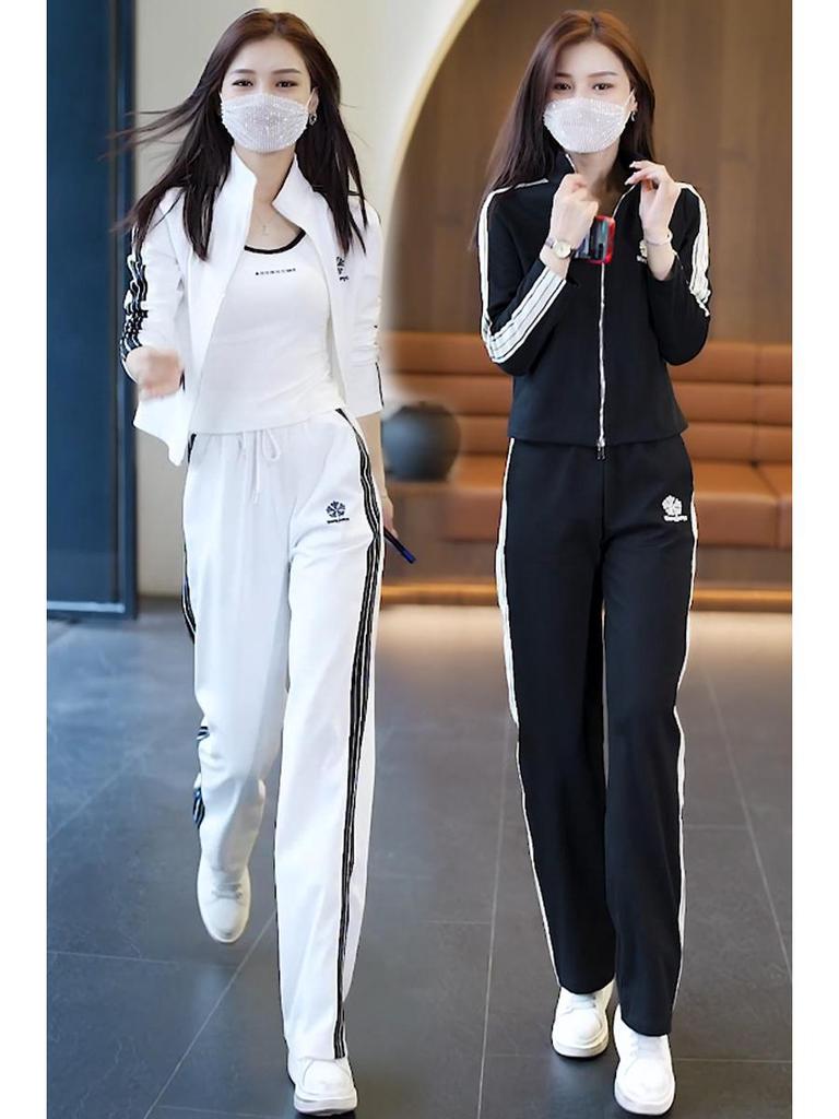 Damski dwuczęściowy strój jesienny 2025 w koreańskim stylu, szykowny: Garnitur: Kurtka ze stójką i spodnie z szerokimi nogawkami