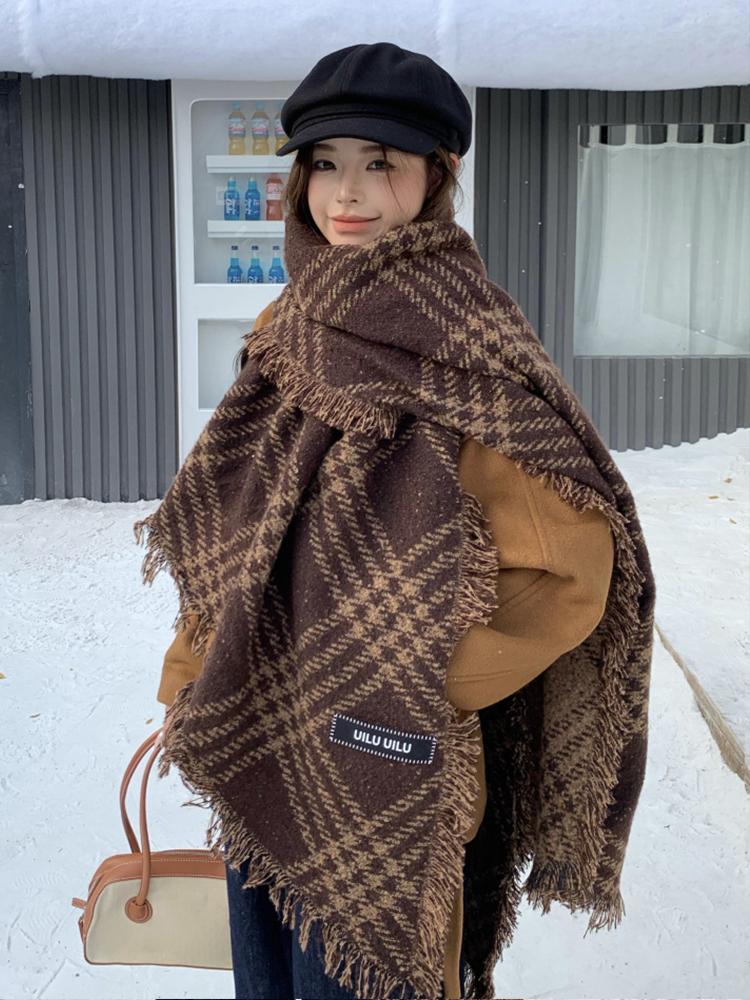 Retro Fashion Winter Women Knitted Scarf Headscarf Casual Preppy Brown Black Plaid Scarve Lady Mujer Thick Wrap Shawl Korean New