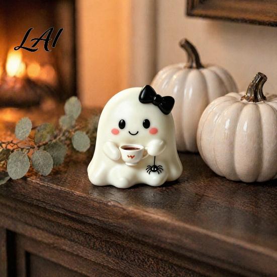 Small Ghost Sculpture Halloween Resin Figurine Creepy Witch Hat Statue Desktop Statue Pumpkin Reading Ornament for Holiday Party Decoration Figurine