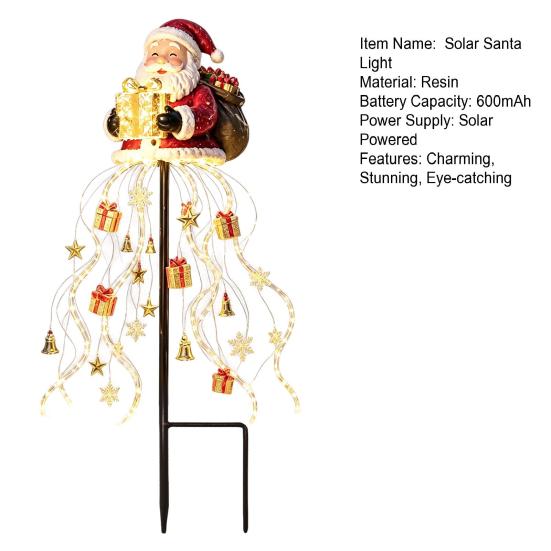 Solar Powered Winter Garden Accents Santa Claus Christmas Light, LED Holding Gift Box Yard Stake Holiday Lawn Stakes for with Cascading String Lights