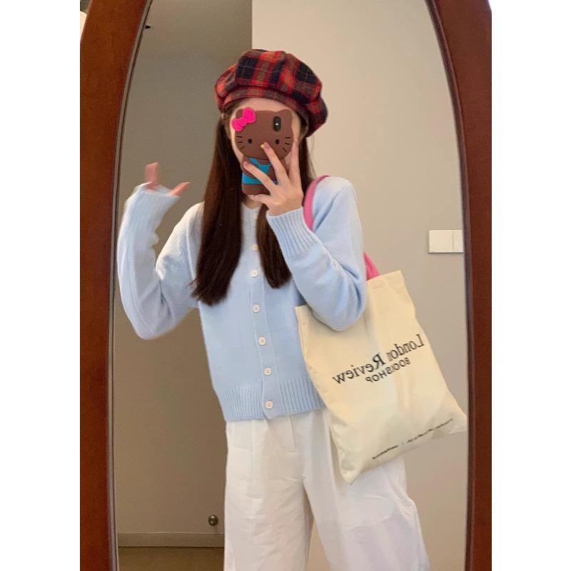 

Versatile single-breasted knitted cardigan top women s autumn and winter soft waxy outer sweater age-reducing long-sleeved jacket L синій