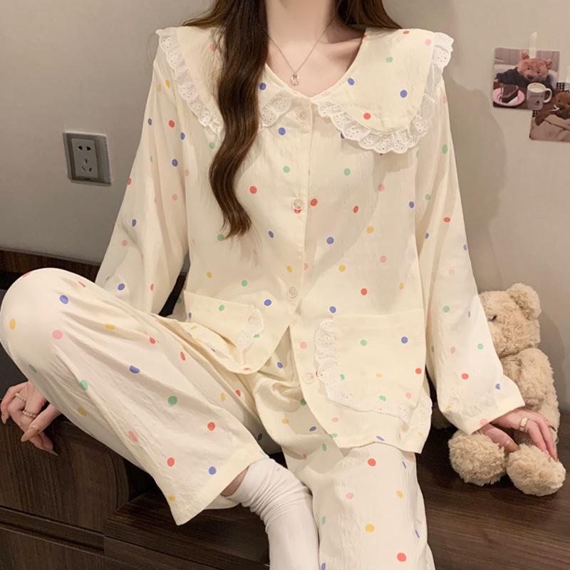 Women's Cartoon Lace Peter Pan Collar Cotton Pajamas - Long Sleeve, Spring/Fall, Winter Style