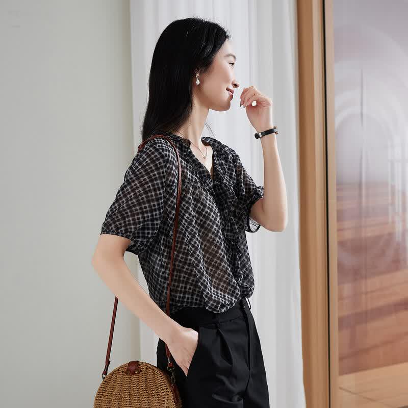 SOFSIL Women s French Plaid Ruffle-Edge Summer Shirt XL