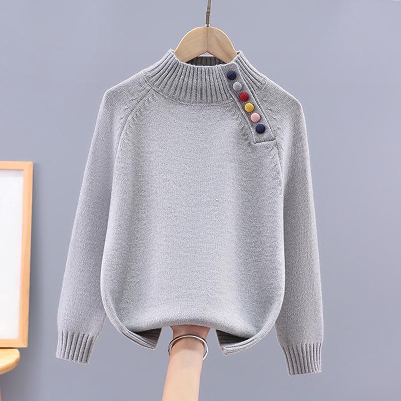 Pulover Tricotat la Modă pentru Fete cu Gât Mediu-Înalt - Stil Toamnă/Iarnă, Top de Bază Îngroșat pentru Copii Mijlocii și Mari