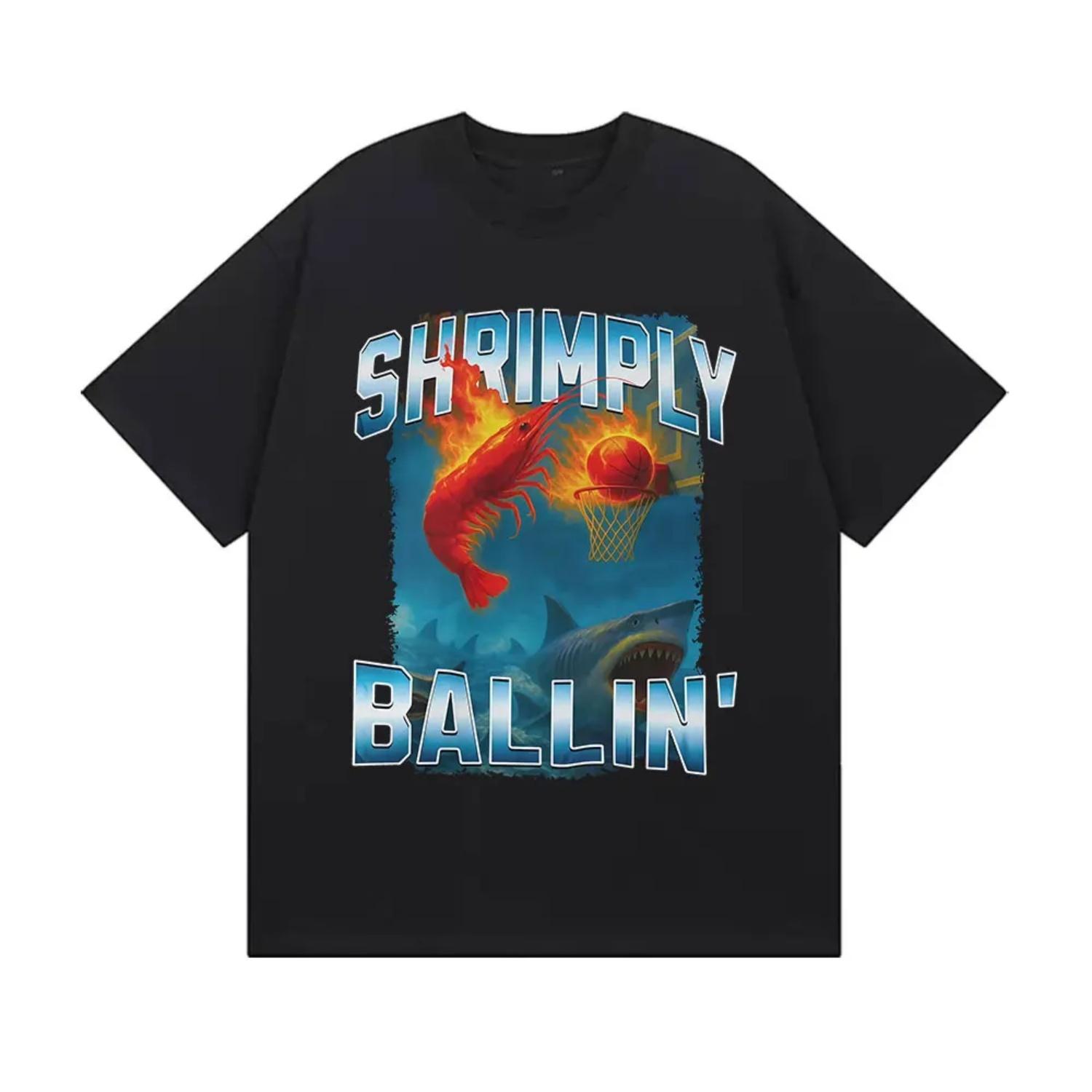 

Funny Shrimp Basketball Meme T-shirt Humor Shrimply Ballin Short Sleeve T Shirt Fashion Oversized 100_ Cotton T-shirts XXXXXL чорний