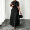 European and American large-size summer new temperament mesh splicing bow collar medium and long dress