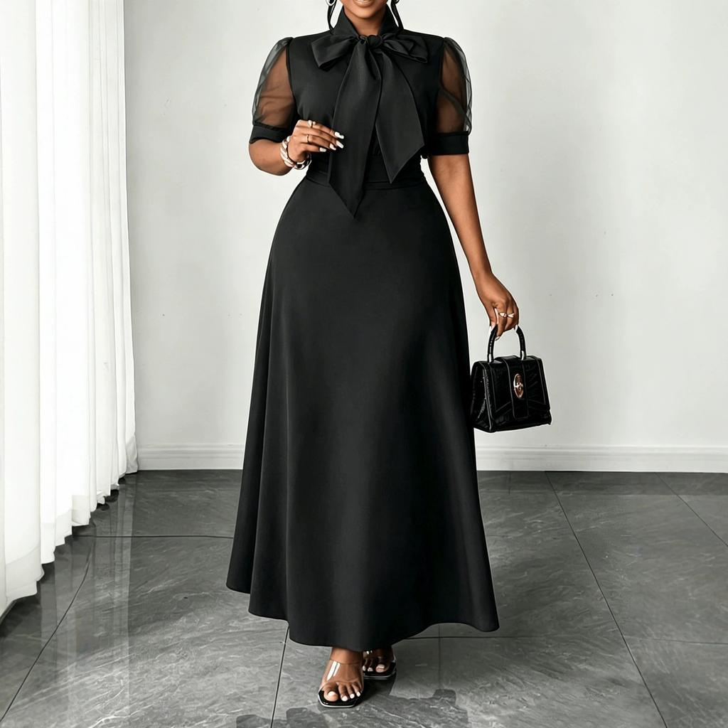 European and American large-size summer new temperament mesh splicing bow collar medium and long dress
