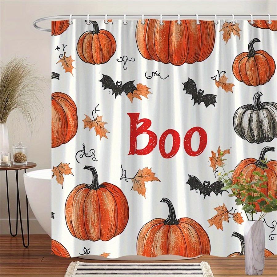 1 Halloween Pumpkin and Bat Shower Curtain - Spooky Boo design with red text, Machine washable polyester with hooks