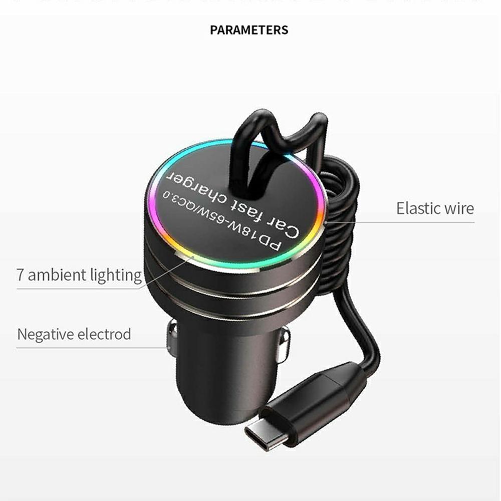 K13S 7-Color Ambient Lamp PD Fast Charging Car Charger with 1m Type-C Elastic Spring Wire