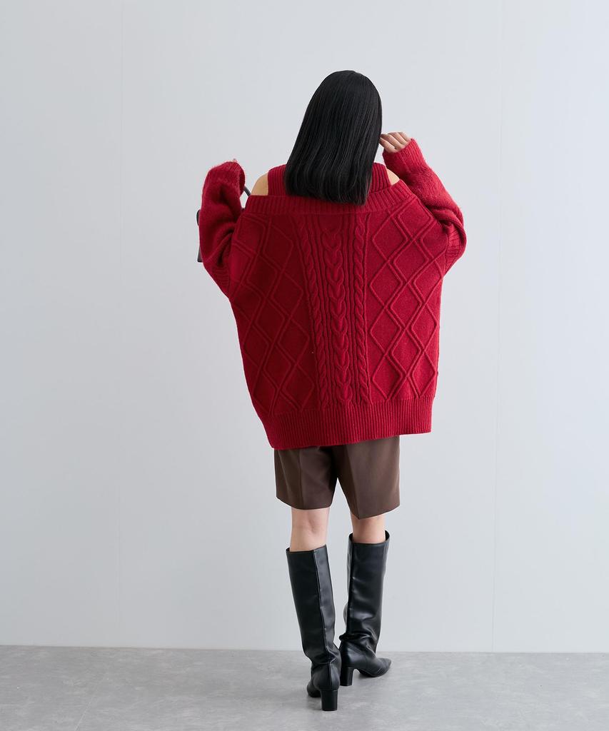 Washable Cable Knit Red F [BIS] Off-the-Shoulder Dress, Women's, BVE44140, (Size 60),