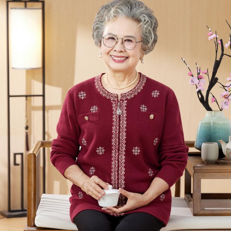 New zipper jacket for the elderly in autumn and winter, grandma jacquard top, mother autumn knitted cardigan