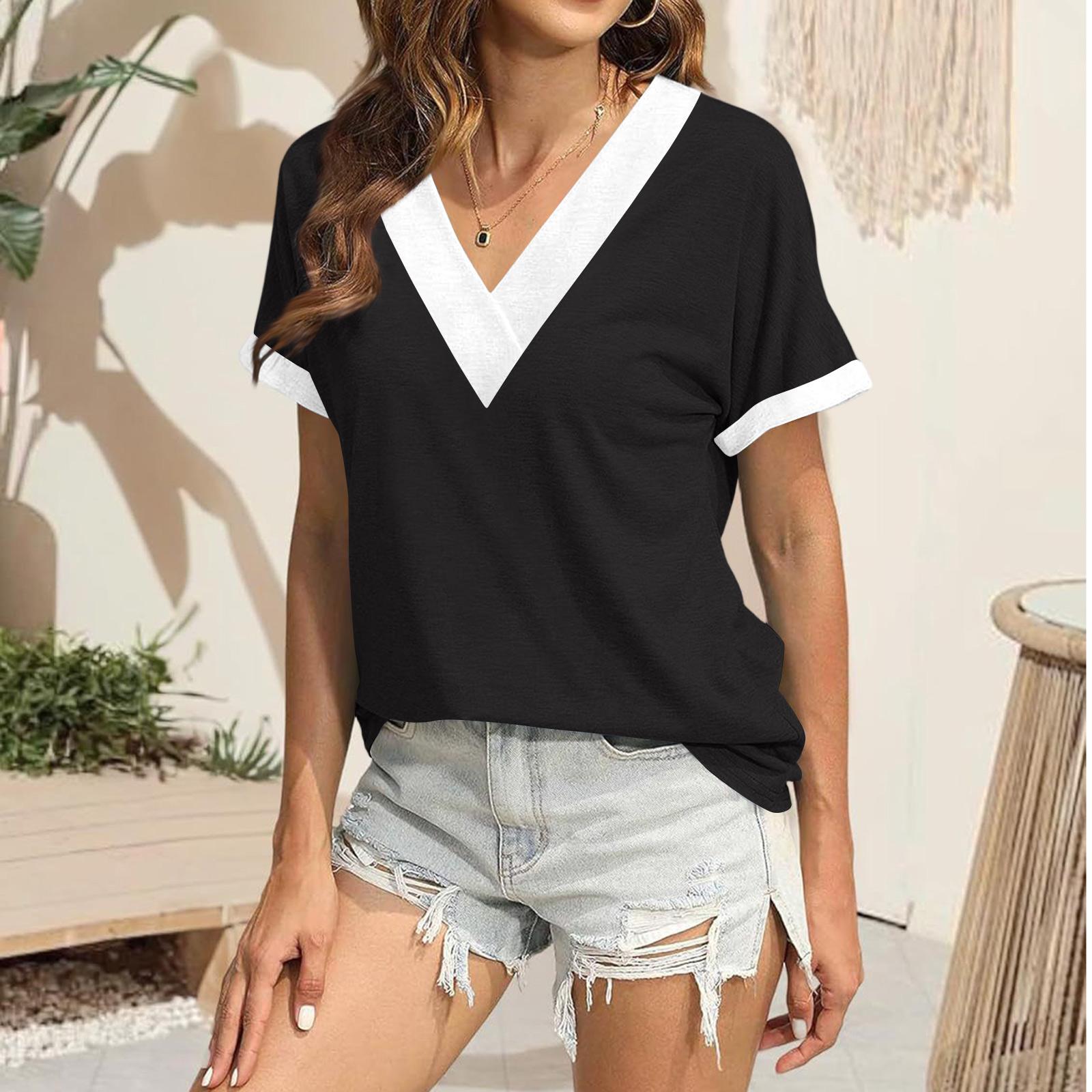 Women s Casual Loose V-neck Short-sleeved Shirt Short-sleeved Top L