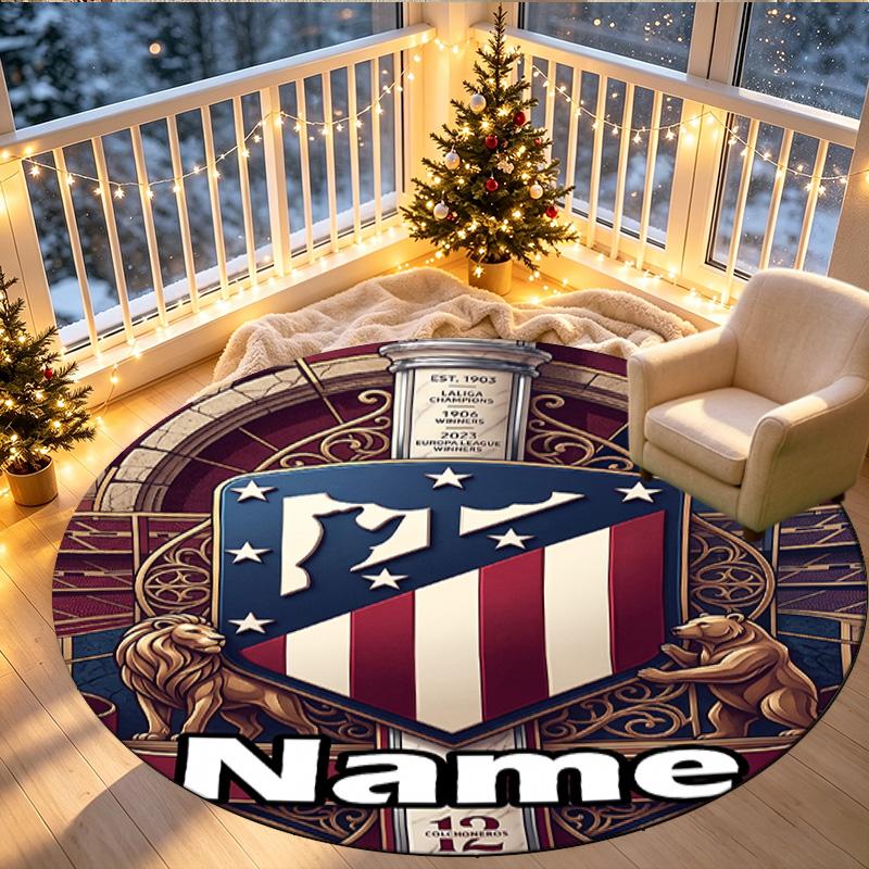 Tapis rond personnalisé avec nom imprimé Atletico Madrid, Tapis polyvalent pour la décoration de la maison, pour salle de jeux, appartement, balcon, entrée, couloir Cadeau
