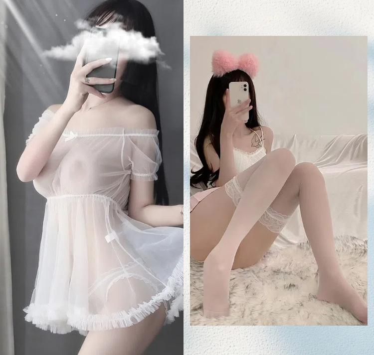 New sexy underwear perspective princess suit one-word shoulder mesh skirt seduces girl transparent milk leakage nightdress