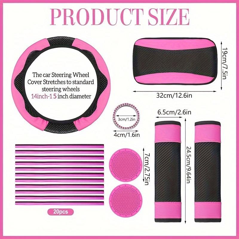 Juego de 37 Piezas para Interior de Coche para Mujer - Fundas de Asiento de Poliéster, Funda de Volante de PU, Almohadillas para Hombros, Tiras Decorativas, etc.