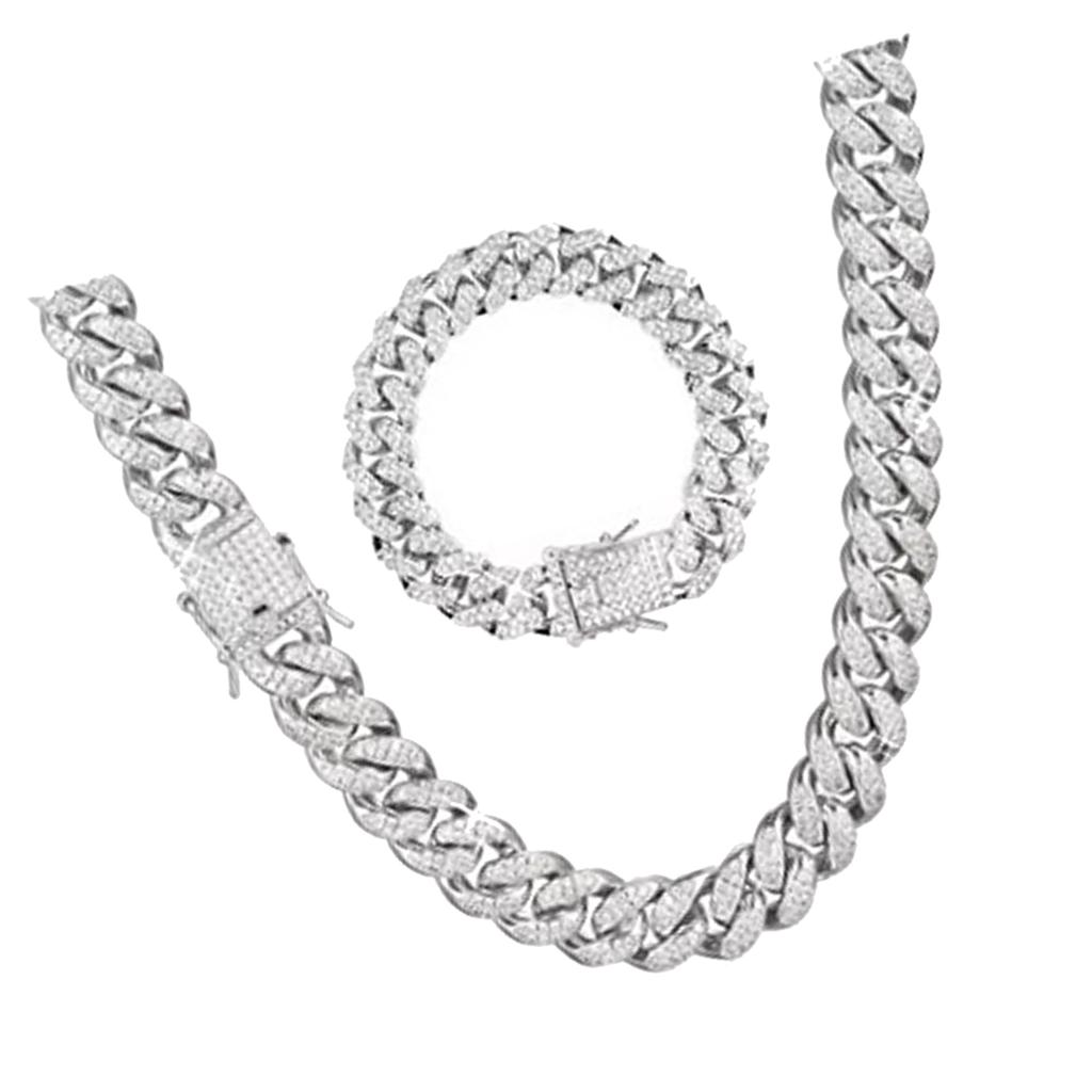 2 Stück Cuban Link Kette Strass Halskette Armband Set Geschenk für Liebhaber Jahrestag Geburtstag Silber 50CM 20CM