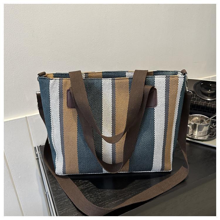 Large Capacity Striped Canvas Tote Bag Autumn Winter 2023 New Street Style Casual Shoulder Crossbody Bag