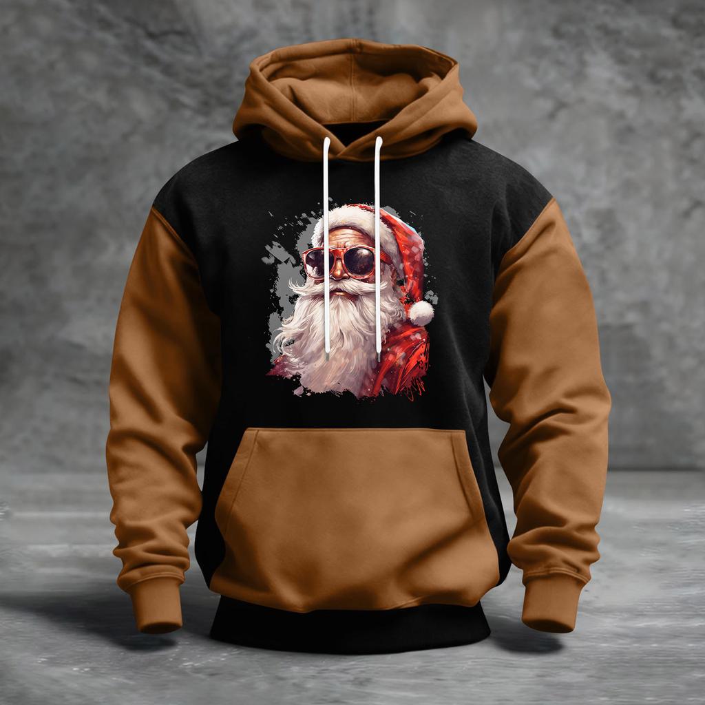 Erkek Noel Baskılı Renk Bloklu Kapüşonlu Günlük Spor Konfor Sweatshirt