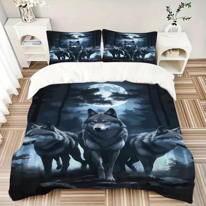 

3 шт. Комплект постельного белья «Стая волков в лунном свете», Пододеяльник и наволочки, Подходит для всех сезонов(Без вкладыша)-0729075 135x200cm