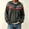 Womens Oversized Crewneck Cardigan Sweater With Colorblock Jacquard Acrylic Knit Open Front Top Fall Winter