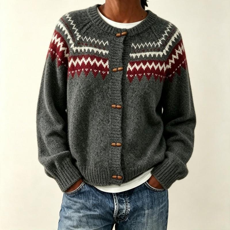 Womens Oversized Crewneck Cardigan Sweater With Colorblock Jacquard Acrylic Knit Open Front Top Fall Winter