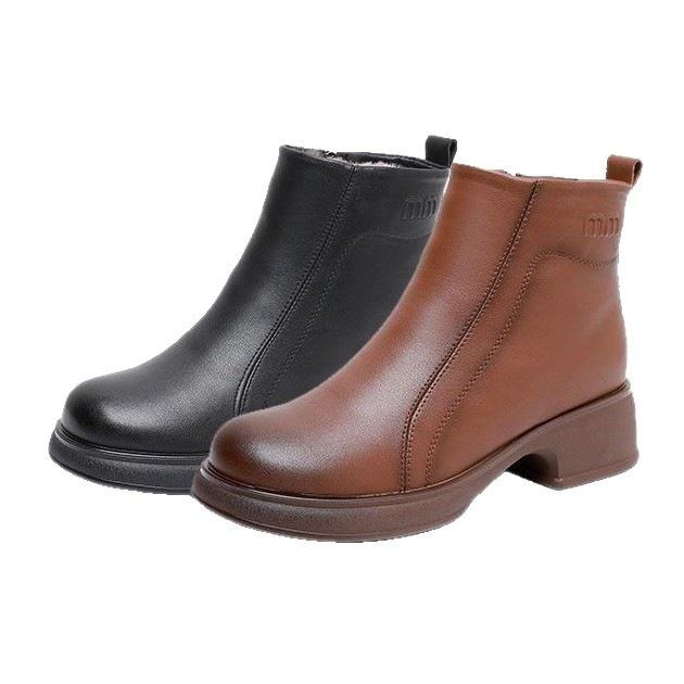 Boots Thick-soled Thick-haired Comfortable Medium-heeled Short Boots Winter Side Zipper Cotton Boots Warm Soft-soled Leather Boots