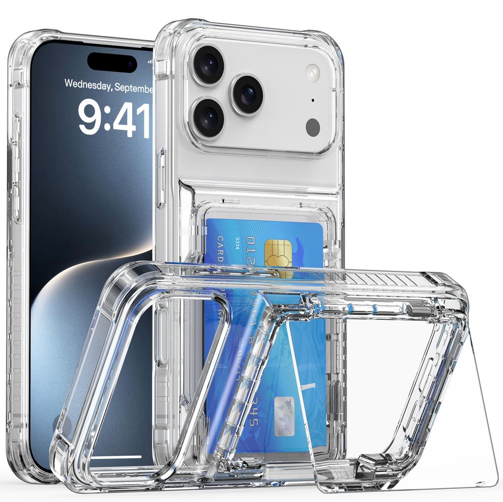 For iPhone 17 Pro Clear Case PC + TPU Phone Cover Card Holder Kickstand