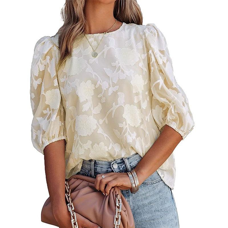 2026 Summer Women's Chiffon T-Shirt Floral Bubble Sleeve Fashionable Round Neck Loose Top