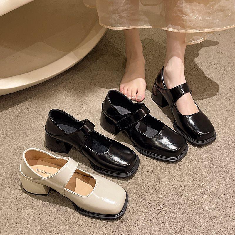 Spring Square Head French Black High Heel Niche Year Mary Jane Shoes Women'S British Style Thick Heel Single Shoes Retro Style