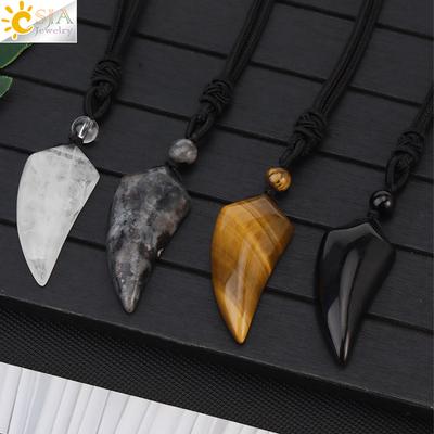 Halsband med hänge av natursten, vargtand, för män, ametist, tigeröga, kristall, svart obsidian, labradorit, Halloween H247