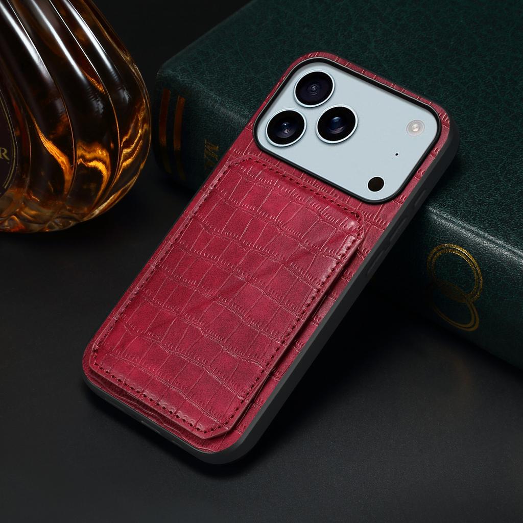 For iPhone 17 Pro Case with Card Holder Leather + PC + TPU Crocodile Textured Back Cover