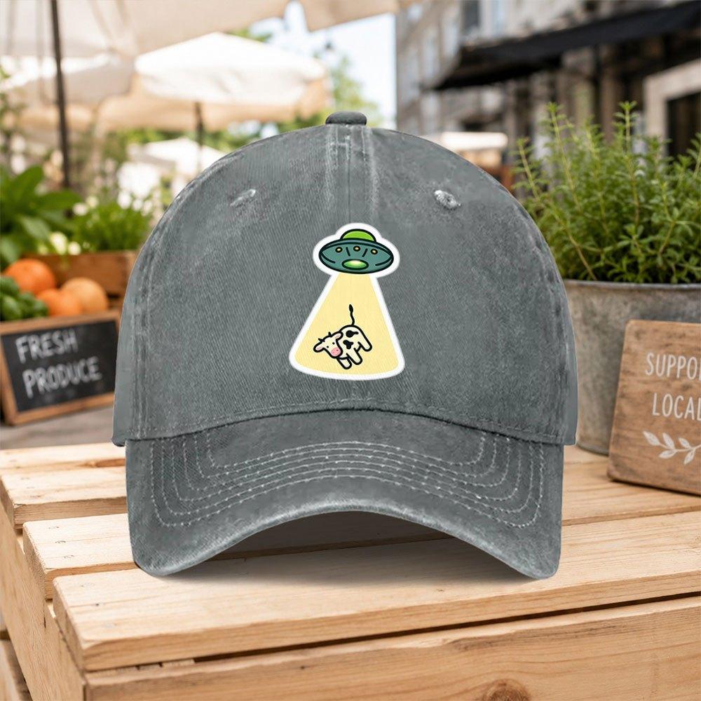 UFO Cow Print Washed Baseball Cap  Lightweight Duckbill Hat with Hook  Loop Unisex for Unisex  Women