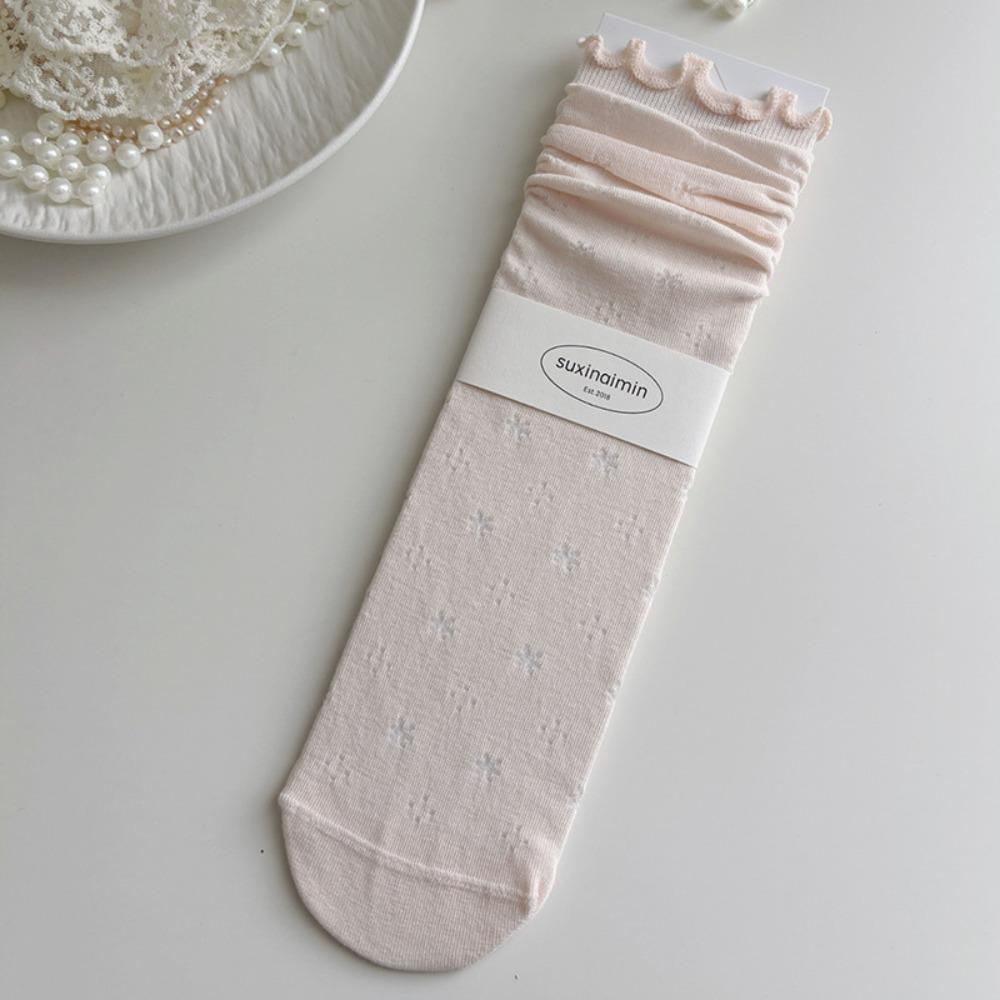Pink Socks Women Spring and Summer Hollow Thin Breathable Women Socks Ballet Style Floral Print Polka Dot Medium Tube Socks Gift