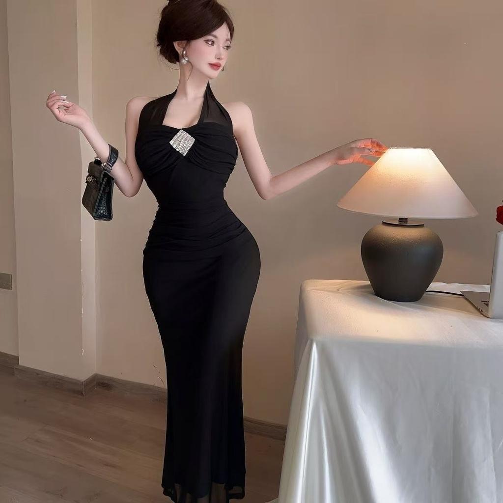 French niche fashion design sense pure desire neck sexy long dress low cut mesh style dress summer