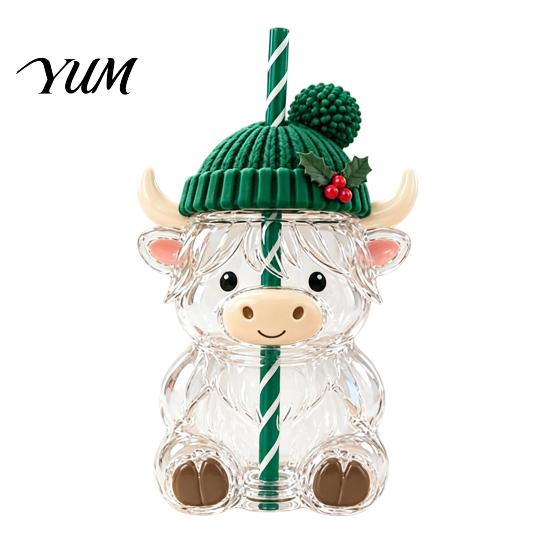 Einzigartiges Party-Trinkgeschirr Highland-Kuh Glasbecher mit Deckel und Strohhalm, 600 ml Fassungsvermögen, Niedliche Weihnachts-Themen-Tasse Trinkbecher für Eiskaltes white