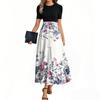 Women's Fashion Casual Belt Short Sleeve Round Neck Floral Stitching Elegant Temperament Dress