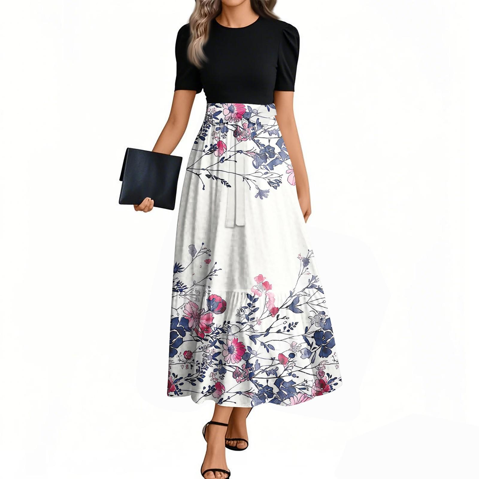 

Women s Fashion Casual Belt Short Sleeve Round Neck Floral Stitching Elegant Temperament Dress S фіолетовий