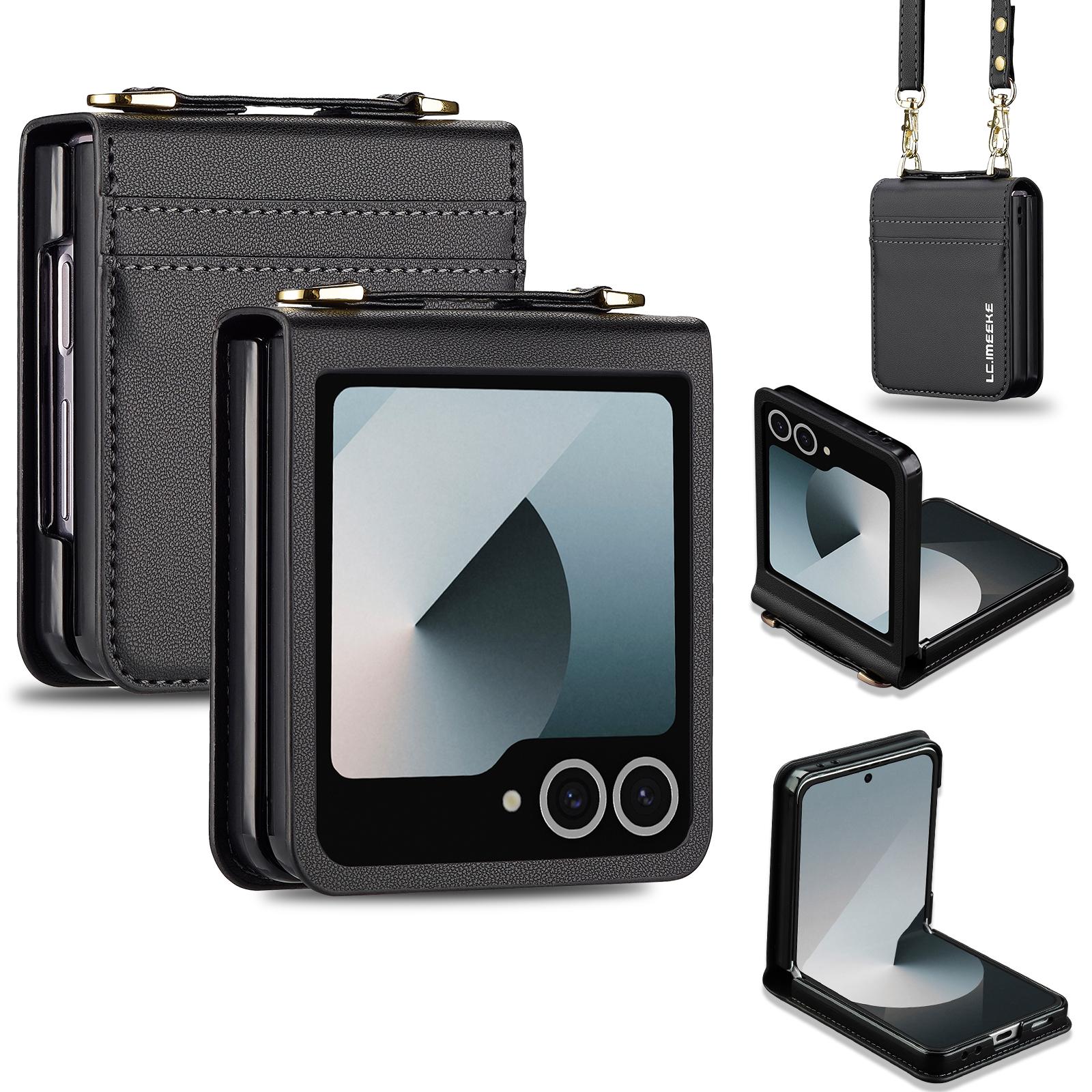 

LC.IMEEKE L1 Series For Samsung Galaxy Z Flip7 5G Case Card Holder Leather Phone Cover with Shoulder Strap/Wrist Strap Black
