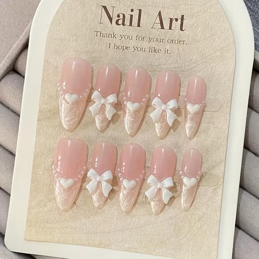 10pcs French Pearl Heart Bow Pink Handmade Fake Nails Medium Length Press On Nails For Women